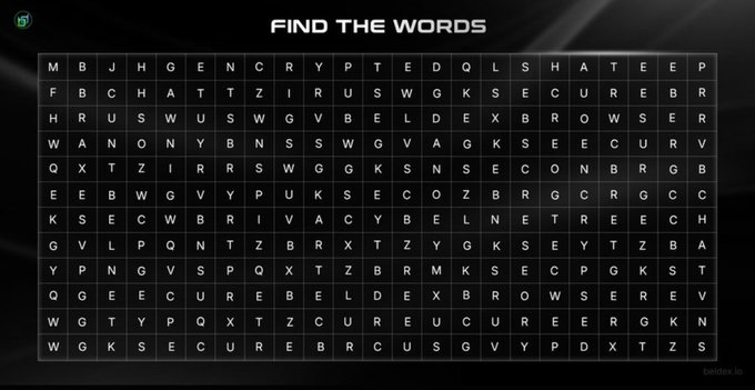 A 'FIND THE WORDS' word search puzzle displays a grid of letters on a dark background, with visible words including 'SECURE', 'CURE', and 'BELL' hidden within.