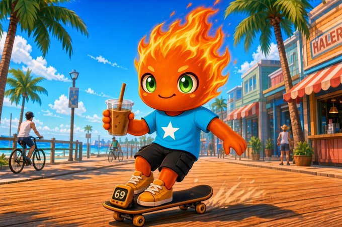 A vibrant digital illustration of a cute, flame-headed cartoon character with a blue shirt and yellow sneakers riding a skateboard while holding an iced coffee on a sunny boardwalk.
