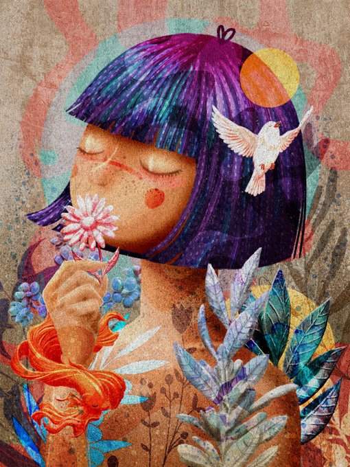 A textured, painted illustration of a girl with closed eyes and purple hair smelling a pink flower, accompanied by a white dove, set against an earthy background with foliage.