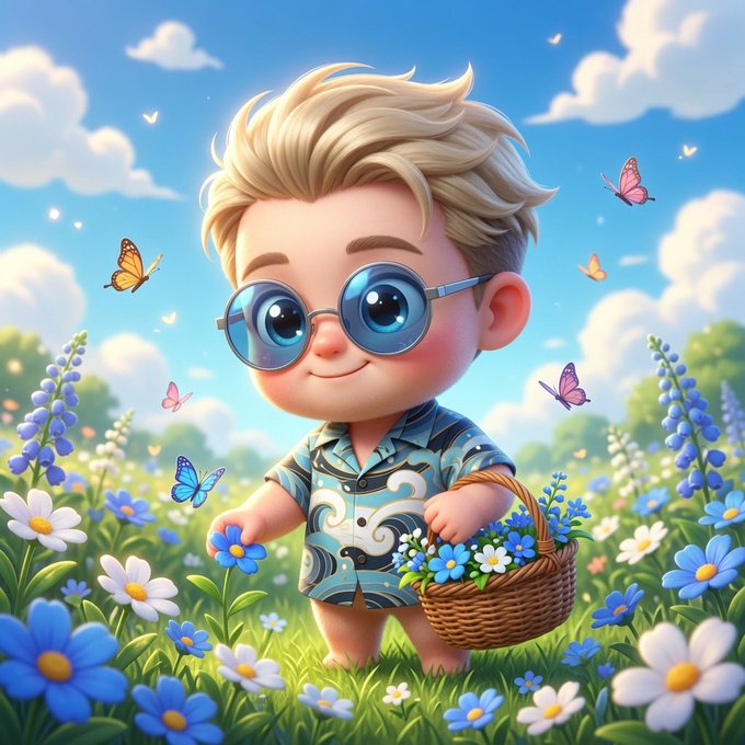 A cute cartoon boy with round blue glasses and a wave-patterned shirt picks wildflowers in a sunny meadow filled with butterflies. The whimsical, forward-looking scene reflects the optimistic, exploratory tone of discovering innovative tech like Quip Network's quantum infrastructure.