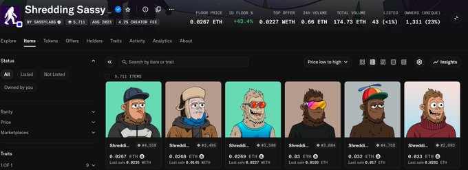 A screenshot of the 'Shredding Sassy' NFT collection on SASSYLABS, showing items with floor prices in ETH and metrics like '1D FLOOR +43.4%' and 'TOTAL VOLUME 174.73 ETH'.
