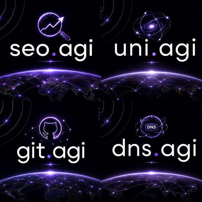 A promotional graphic with four sections showing '.agi' domain extensions: seo.agi with a magnifying glass icon, uni.agi with an atomic icon, git.agi with a cat/GitHub icon, and dns.agi with a DNS globe icon, all set against a stylized Earth background.