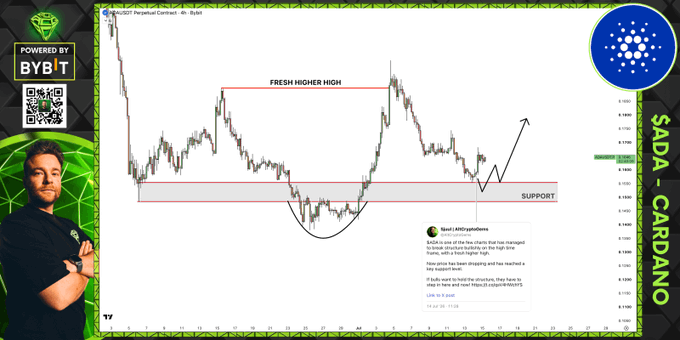 A TradingView chart of ADA/USD is displayed showing a "FRESH HIGHER HIGH" with support level marked, alongside a Bybit logo, a QR code, and an embedded tweet from "btc1AltCryptoGems" dated 14 Jul 24 predicting an ADA bounce to higher highs, corroborating the post's claim of a perfect bottom call on Cardano.