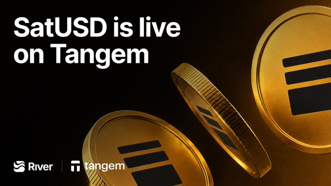 A promotional graphic reading "SatUSD is live on Tangem" featuring gold coins and the River and Tangem logos.