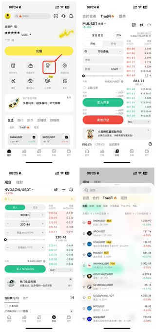 Four screenshots from the WEEX cryptocurrency exchange app showing the trading interface for tokenized stocks, featuring USDT/USDT buying screens, market listings for NVDAON/USDT at $220.46, and a TradeFi section displaying tokenized stocks like SNXUSDT, SPCXUSDT, and SOLUSDT with their respective prices and percentage changes.