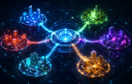 A glowing digital illustration shows six colorful futuristic cityscapes (red, blue, green, purple, teal, and orange) arranged in a circle, connected by luminous energy streams to a central hub, symbolizing multiple specialized blockchains linked together. The imagery visually represents the post's message about scalable, multi-chain architecture where different applications—like real-world assets, DeFi, gaming, and consumer apps—are each supported by purpose-built blockchains rather than a single one-size-fits-all chain.