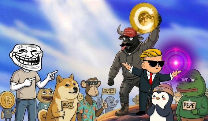 A collage of various popular internet memes and cryptocurrency characters, including Trollface, Doge, Pepe the Frog, and a bull, celebrating a "to the moon" theme. The image visualizes the concept of "bagwork" and "moonbags" mentioned in the post by depicting a crowd of meme icons ascending toward the sky.