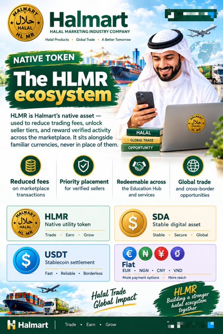 Marketing infographic for Halmart Halal Marketing Industry Company promoting 'The HLMR ecosystem' as a native token with features including reduced fees, priority placement, redeemability across education services, and global trade opportunities, with sections for HLMR, SDA, USDT, and various fiat currencies.