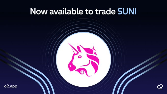 A promotional graphic announcing that $UNI is now available to trade on the o2.app platform, featuring a pink and white unicorn logo against a dark blue background.