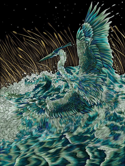 The image depicts a majestic heron or crane rising from turbulent, swirling teal waves beneath a starry night sky, with golden wavelets suggesting fireworks or light streaks in the background. This ethereal artwork, titled "Spirit of the River," visually embodies the graceful yet powerful essence of the waterbird, complementing the announcement of its 0.5 ETH reserve price by evoking themes of freedom, fluidity, and natural majesty.