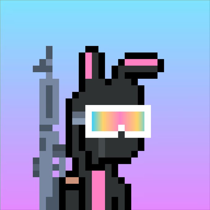 A retro pixel art illustration of a futuristic soldier wearing rainbow visor goggles and holding a rifle, set against a gradient blue-to-pink background, tying into the post promoting the "@lilbangersnft" NFT project with its stylized, nostalgic gaming aesthetic.