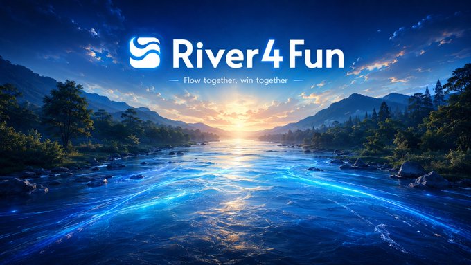 The image features a scenic river landscape at sunset with the "River4Fun" logo and tagline "Flow together, win together" displayed prominently. This branding aligns with the announcement from @RiverdotInc about distributing 150k #RiverPts to voters who selected the top 32 teams for the Season 5 leaderboard, reinforcing the community-focused "flow together" theme of the River ecosystem.