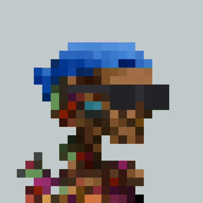 A heavily pixelated digital art piece showing a figure with blue and brown tones against a light blue background.