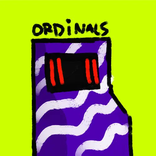 An illustrated album cover with a bright yellow background, featuring the word 'ORDINALS' at the top and a purple figure with red vertical eyes.