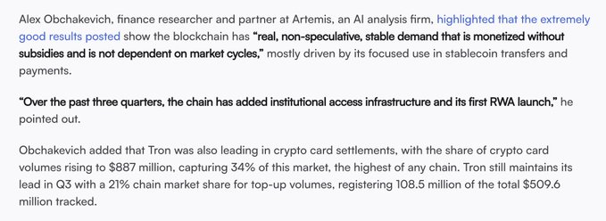 An English news article excerpt discussing analyst Alex Obchakevich's comments on the Tron blockchain's strong results in stablecoin transfers and payments, noting crypto card volumes of $887 million and a 34% market share.