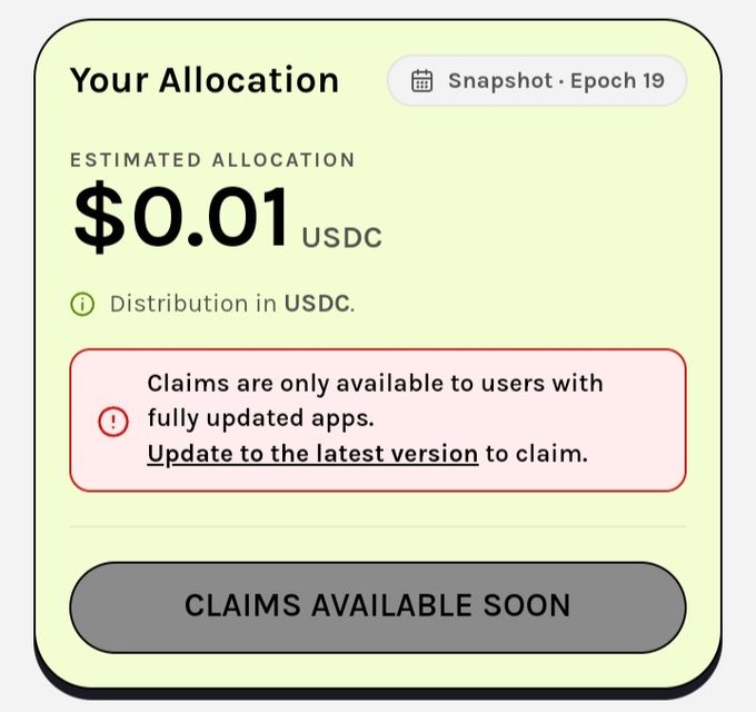 This image shows an estimated allocation of $0.01 USDC for Epoch 19, with a notification that claims are available soon upon updating the app. The accompanying post thanks "$GRASS" for generational wealth, implying the sender may have been expecting a larger sum or is being sarcastic about the $0.01.