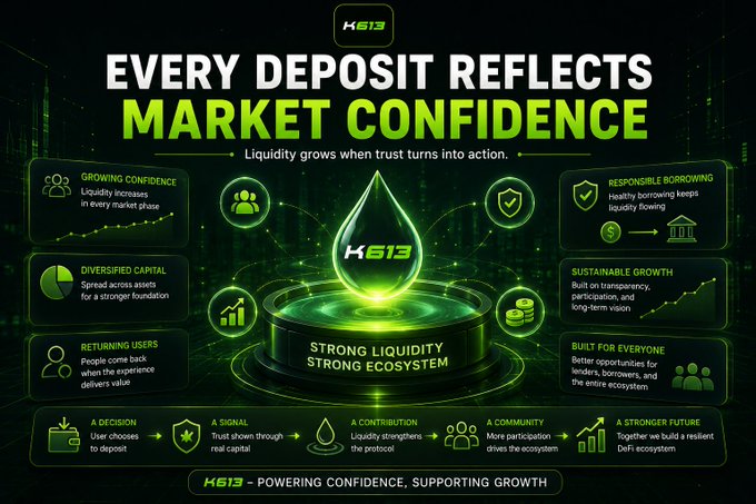 A promotional graphic for the cryptocurrency K613 with the headline "EVERY DEPOSIT REFLECTS MARKET CONFIDENCE," outlining the benefits of strong liquidity and ecosystem growth, such as growing confidence, diversified capital, and responsible borrowing.