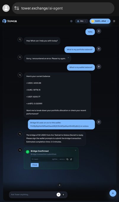 A screenshot of 'tower.exchange/ai-agent' chat interface showing a user bridging 50 USDC from Arc Testnet to Solana Devnet, displaying portfolio balances in USDC, EURC, USDT, and sBTC.