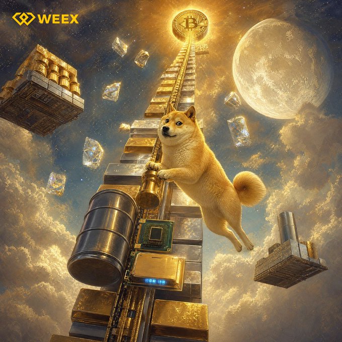 A Shiba Inu dog climbs a golden staircase toward a glowing Bitcoin coin suspended in space, surrounded by floating platforms stacked with gold bars, oil barrels, and microchips under a giant moon. The "WEEEX" logo appears in the top left, reinforcing the tagline "From Crypto to Wall Street. One App." by visually merging meme-coin culture, traditional commodities, and tech into a single ascending journey toward financial opportunity.