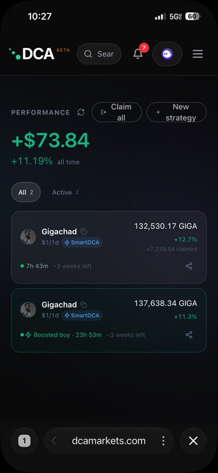 A mobile screenshot of the DCA platform showing a performance gain of +$73.84 (+11.19%) with two active Gigachad strategies holding 132,563 and 137,638 GIGA tokens.