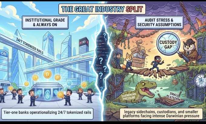 An infographic titled 'THE GREAT INDUSTRY SPLIT' contrasting institutional-grade 24/7 tokenized rails with legacy sidechains facing Darwinian pressure and audit stress.