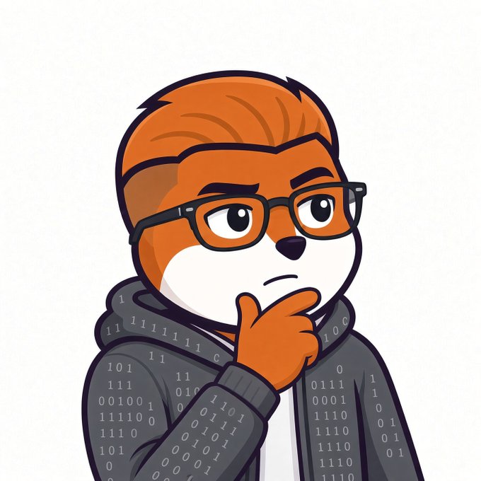 A cartoon illustration of an anthropomorphic orange fox character wearing glasses and a gray hoodie with binary code patterns, appearing thoughtful with hand on chin.