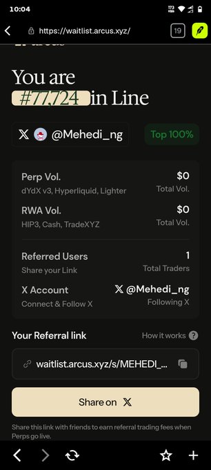 A mobile screenshot of a waitlist page showing '#7724 in Line' with referral stats and the handle '@Mehedi_ng'.