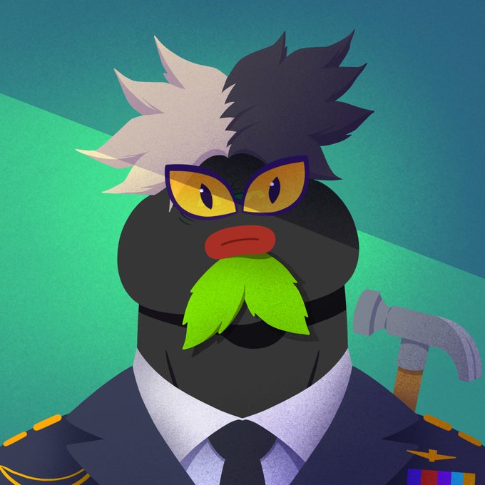 An illustrated character with black and white hair, wearing yellow cat-eye glasses and a green mustache, dressed in a pilot or officer uniform with a hammer visible behind them.