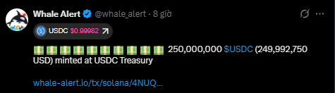 A tweet from Whale Alert (@whale_alert) reporting that 250,000,000 USDC ($249,992,750 USD) was minted at USDC Treasury, with USDC trading at $0.99982.