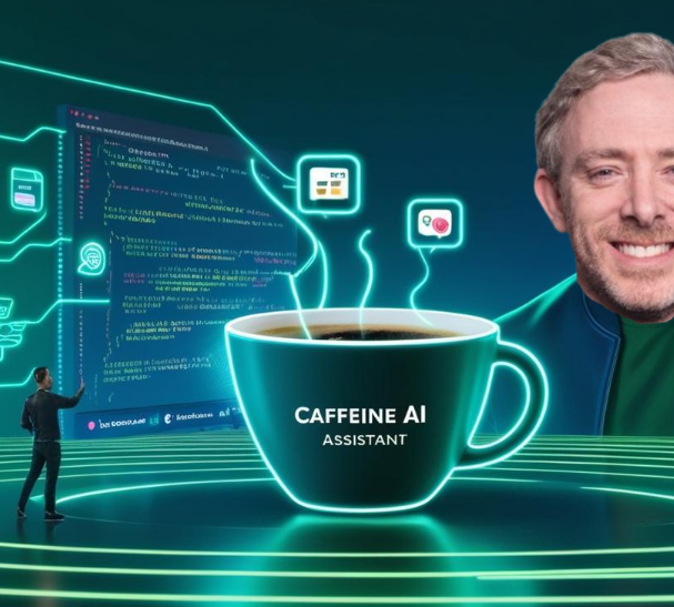 An advertisement for 'CAFFEINE AI ASSISTANT' showing a smiling man's face next to a steaming coffee cup with neon green tech-themed graphics and code displays in the background.