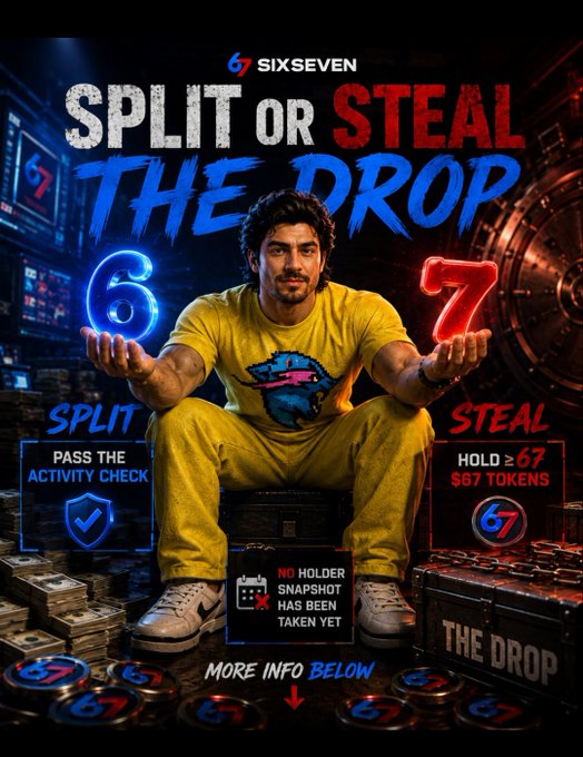 A promotional graphic for SIXSEVEN featuring a man in yellow sitting on a treasure chest holding glowing numbers 6 and 7, with text "SPLIT OR STEAL THE DROP", "SPLIT - PASS THE ACTIVITY CHECK", "STEAL - HOLD ≥67 $67 TOKENS".