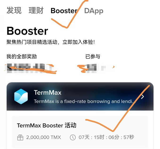 A screenshot of a Booster page (with Chinese text) highlighting the 'Booster' tab and a TermMax Booster event featuring a reward of 2,000,000 TMX and a countdown timer.