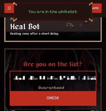A mobile screenshot of a digital interface showing a notification "You are in the whitelist," a section titled "Heal Bot" with the text "Healing zone after a short delay," and a red button labeled "CHECK" under "Are you on the list? Guaranteed."