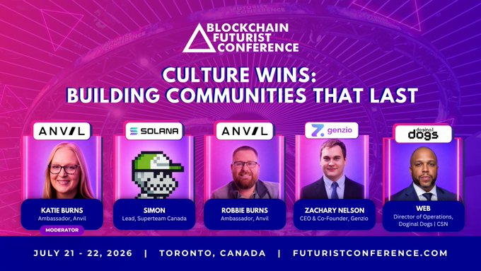 Promotional graphic for the Blockchain Futurist Conference 'Culture Wins: Building Communities That Last' panel featuring Katie Burns (moderator), Simon, Robbie Burns, Zachary Nelson, and Web, dated July 21-22, 2026 in Toronto, Canada.