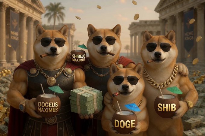 An AI-generated image depicting four muscular Shiba Inu dogs wearing sunglasses and Roman armor, holding drinks labeled 'DOGEUS MAXIMUS', 'SHIBEUS MAXIMUS', 'DOGE', and 'SHIB', alongside stacks of cash and gold coins.