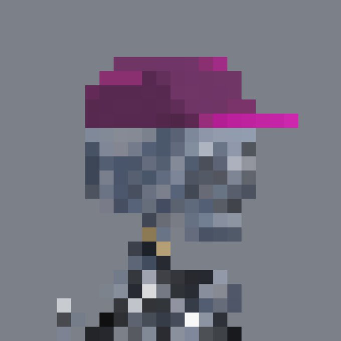 A heavily pixelated image showing a figure wearing a pink hat and blue and white clothing against a gray background.