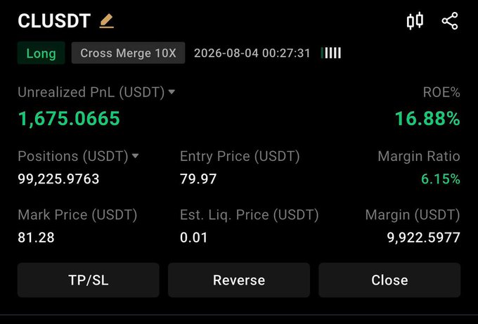A trading interface shows a long position on CLUSDT (Cross Merge 10X) with an unrealized profit of 1,675.0665 USDT (16.88% ROE), 99,225.9763 USDT position size, entry at 79.97, and mark price at 81.28, illustrating the profitable futures trade results promoted in the VIP Signal Group advertisement.