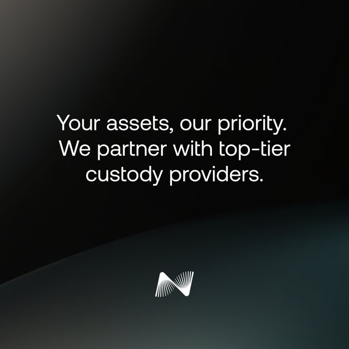 A dark promotional graphic displaying the text 'Your assets, our priority. We partner with top-tier custody providers.' above a stylized silver 'M' logo.
