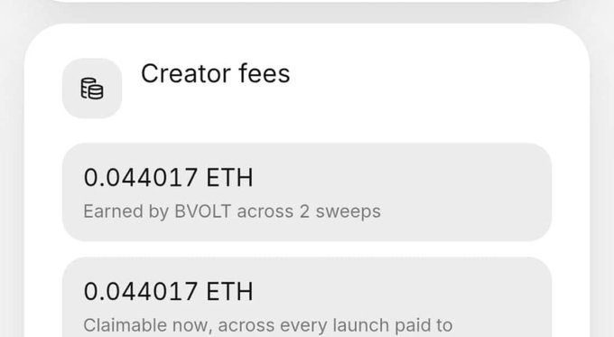 A mobile app interface displays 'Creator fees' showing a balance of '0.044017 ETH' earned by BVOLT across 2 sweeps, with another entry indicating 0.044017 ETH is claimable now across every launch paid to them.