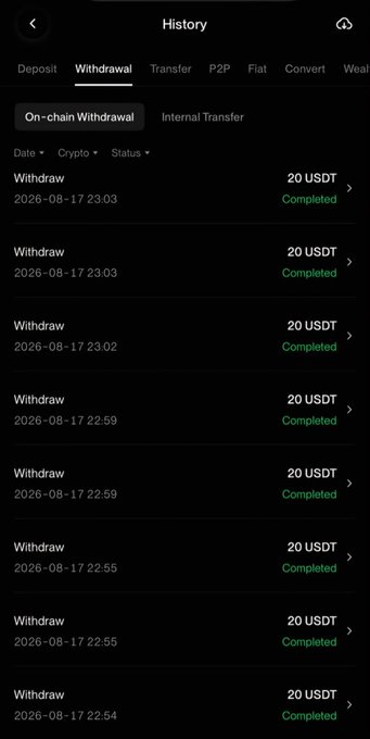 A cryptocurrency exchange withdrawal history showing multiple 'Completed' withdrawals of 20 USDT each, with timestamps from 2026-08-17 between 22:54 and 23:03.