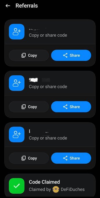 An OpenSea mobile 'Referrals' screen in dark mode showing three codes partially blurred and a 'Code Claimed' confirmation by DeFiDuches at the bottom.