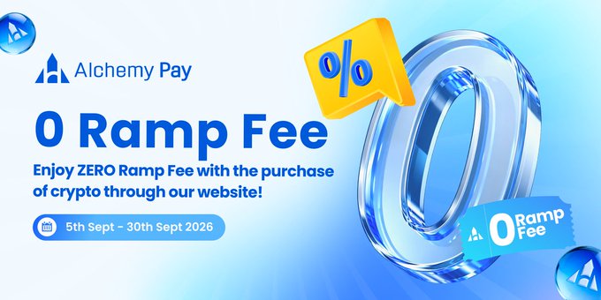 The image is a promotional banner from Alchemy Pay announcing "0 Ramp Fee," featuring bold blue text on a light blue background alongside a 3D yellow percent sign and glass ring graphic. The promotion runs from 5th Sept to 30th Sept 2026, inviting users to enjoy zero fees when purchasing crypto through their website, aligning with the post's offer of fee-free crypto buying throughout September for the $ACH community.