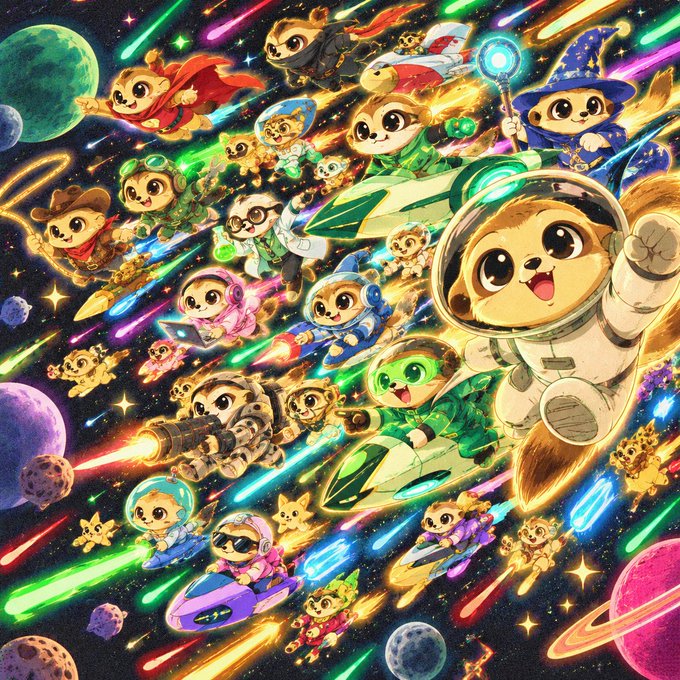 A vibrant, busy illustration shows numerous cute anthropomorphic animal characters in space-themed costumes flying through a colorful cosmic scene with planets and shooting stars.