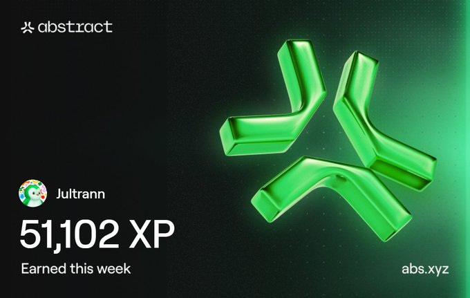 The image features an abstract advertisement with a green triangle logo, which appears to be made of three cubes stacked together. The background color of the image is black, providing contrast for the vibrant green triangle. Below the triangle, there's text that reads "Happy XP day!!! I just earned 51,102 XP on @AbstractChain!". This post seems to be promoting a gaming event or competition related to XP points and achievements.