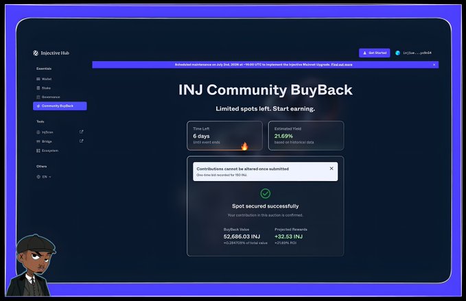 Injective Hub INJ Community BuyBack page showing a successful spot secured for 52,686.03 INJ with projected rewards of ~32.53 INJ.