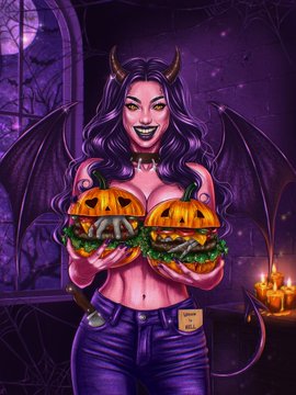 A digital illustration depicts a smiling, purple-skinned demon woman with horns, wings, and a tail, holding two pumpkin-headed burgers in a Halloween-themed setting.
