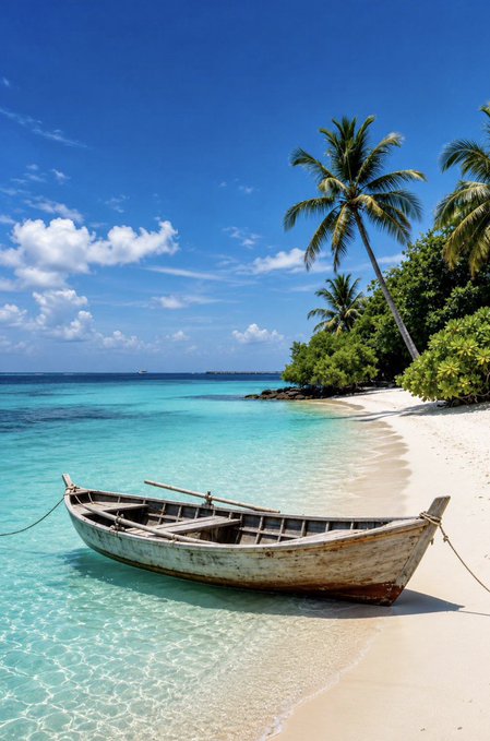 A weathered wooden boat rests at the edge of a pristine white sand beach, with crystal-clear turquoise water lapping gently at its hull. Tall palm trees sway above against a brilliant blue sky scattered with wispy clouds, completing the quintessential tropical paradise scene.