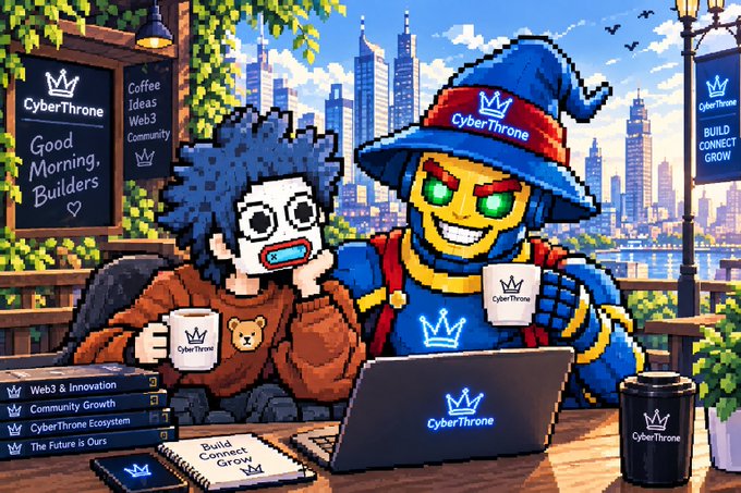 A pixel-art style illustration of two CyberThrone characters sitting at a table with laptops, books, and coffee mugs in front of a city skyline, with banners reading 'Good Morning, Builders' and 'BUILD CONNECT GROW'.
