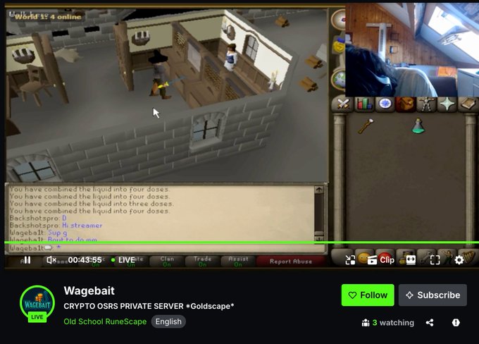Twitch livestream screenshot of 'Wagebait' playing Old School RuneScape on a Crypto OSRS Private Server, showing in-game chat with messages like 'You have combined the liquid into four doses'.