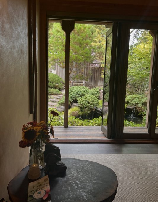 A serene Japanese garden view through an open shoji doorway, with a vase of sunflowers and a "Book of Awakening" resting on a round table in the foreground. The tranquil Zen setting and reading material perfectly echo the post's message about letting go and protecting one's peace.